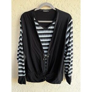 FreeDa Black & White Silver Sparkle Striped Whimsygoth Womans Large Shirt Charms